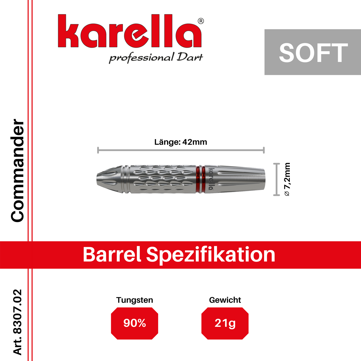 Fléchettes Soft Tip Karella Commander, argent, 90% Tungstène, 21g