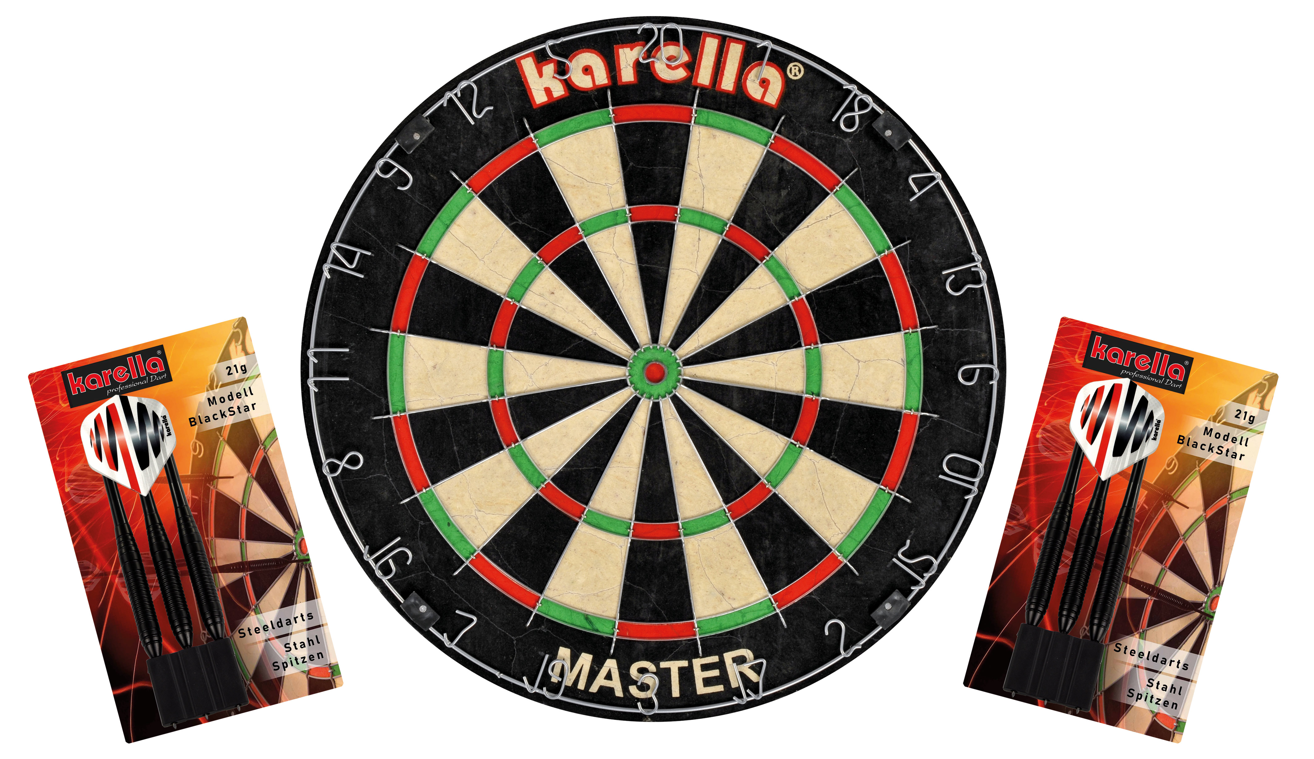Karella Dartboard im Set inklusive 2 Satz Karella Blackstar Steel + Abwurflinie