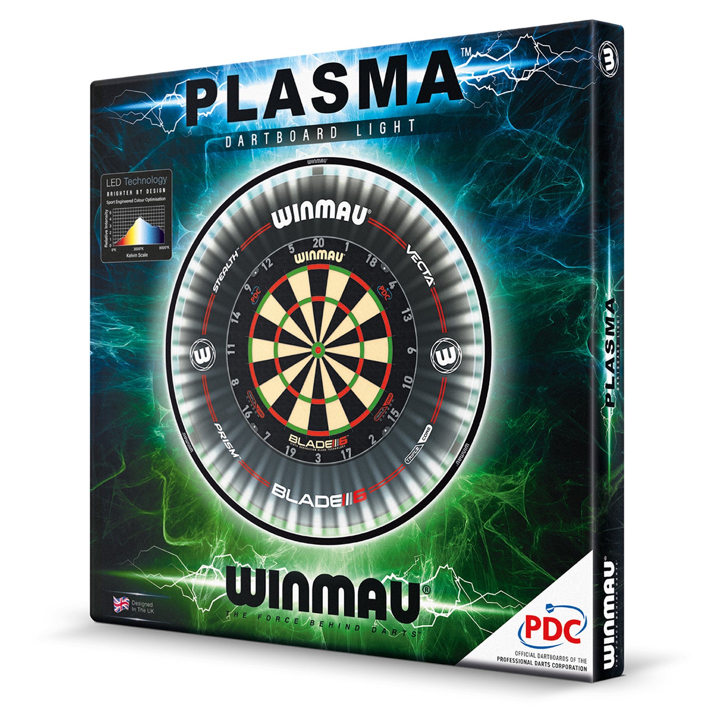 Winmau Cible de fléchettes Blade 6 Single Core + Éclairage plasma + Protection de contour PDC + Ligne de lancer