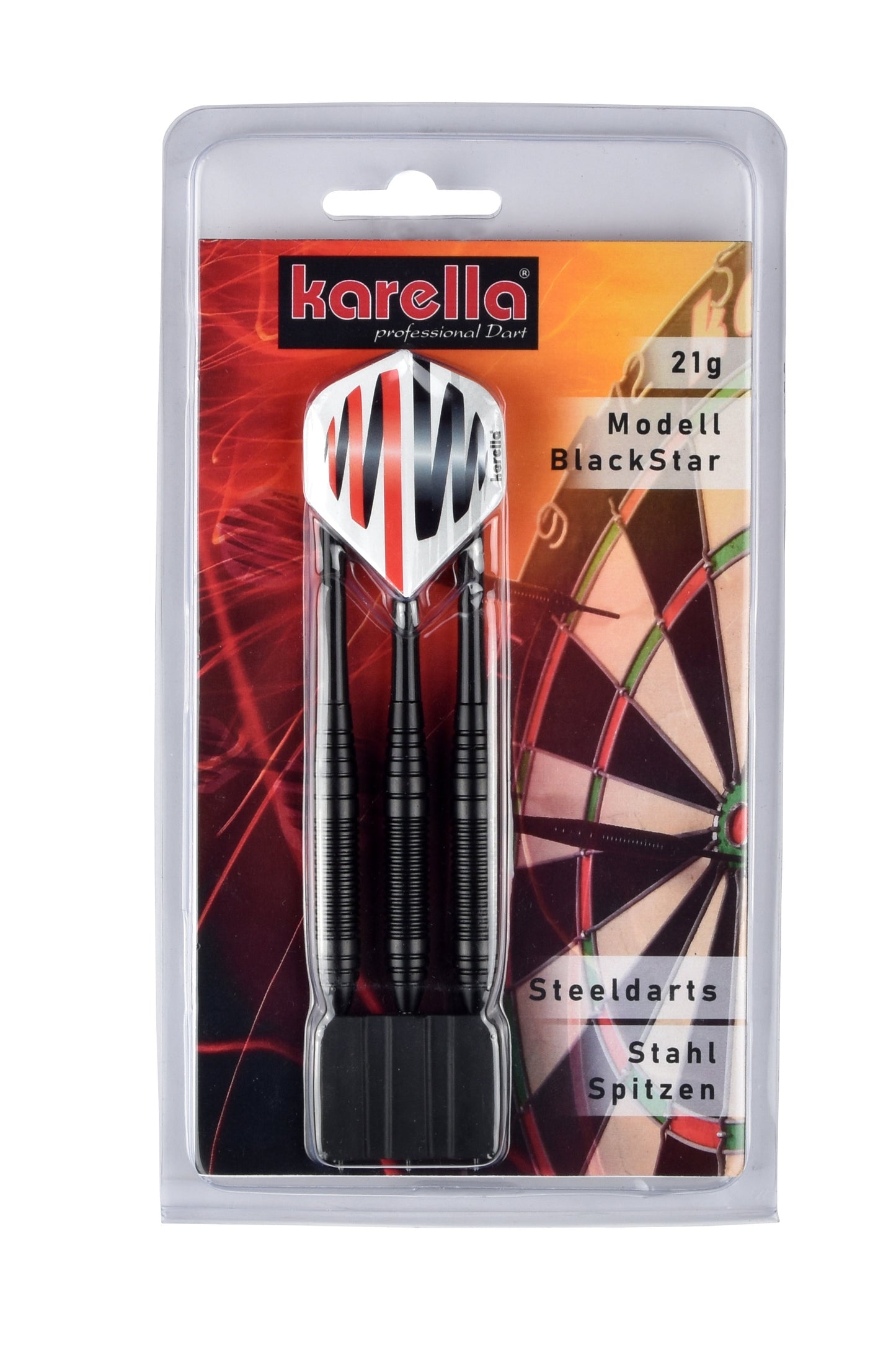 Cible de fléchettes Karella en set comprenant 2 jeux de fléchettes acier Karella Blackstar + ligne de lancer