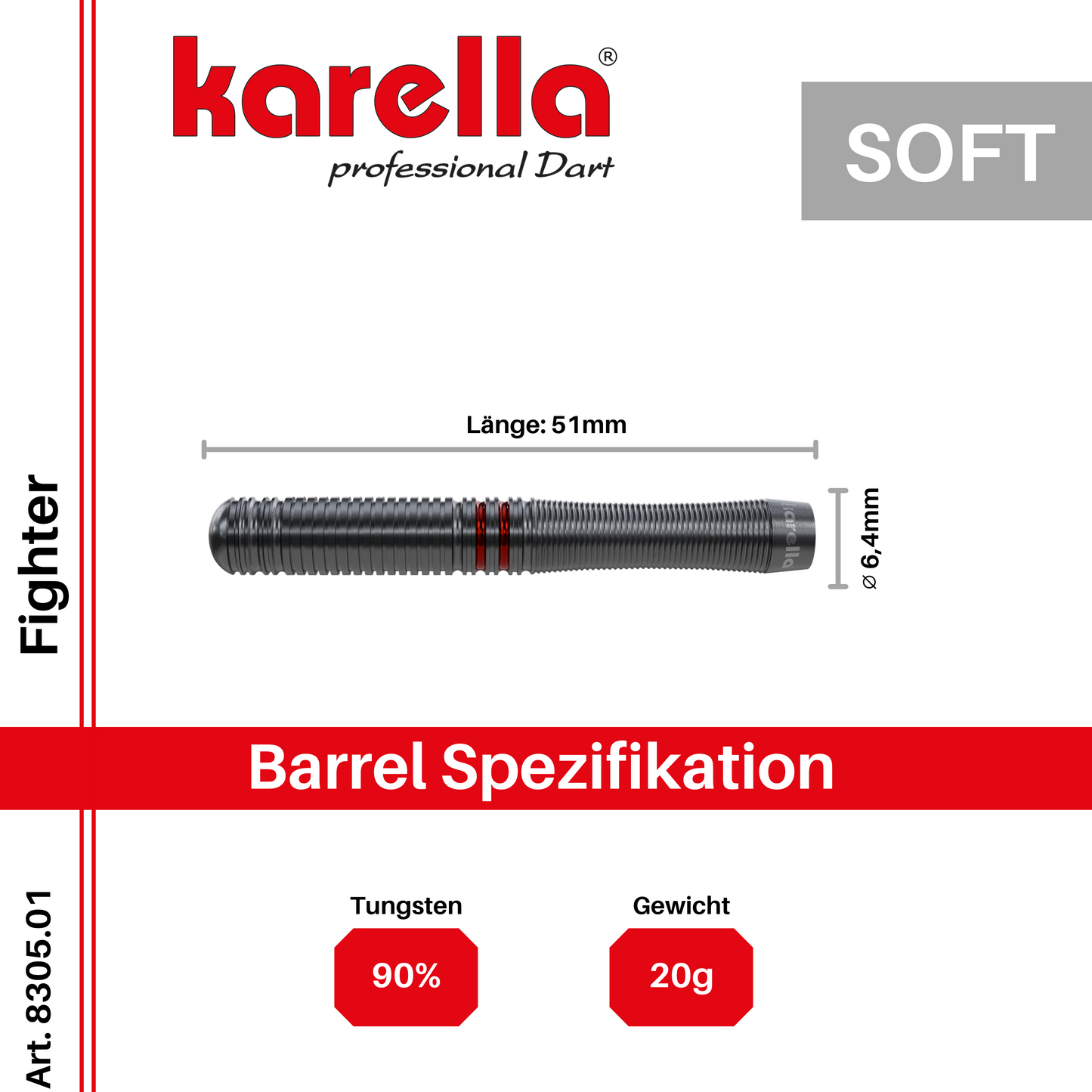 Fléchettes Softdart Karella Fighter, noires, 90 % tungstène, 20g