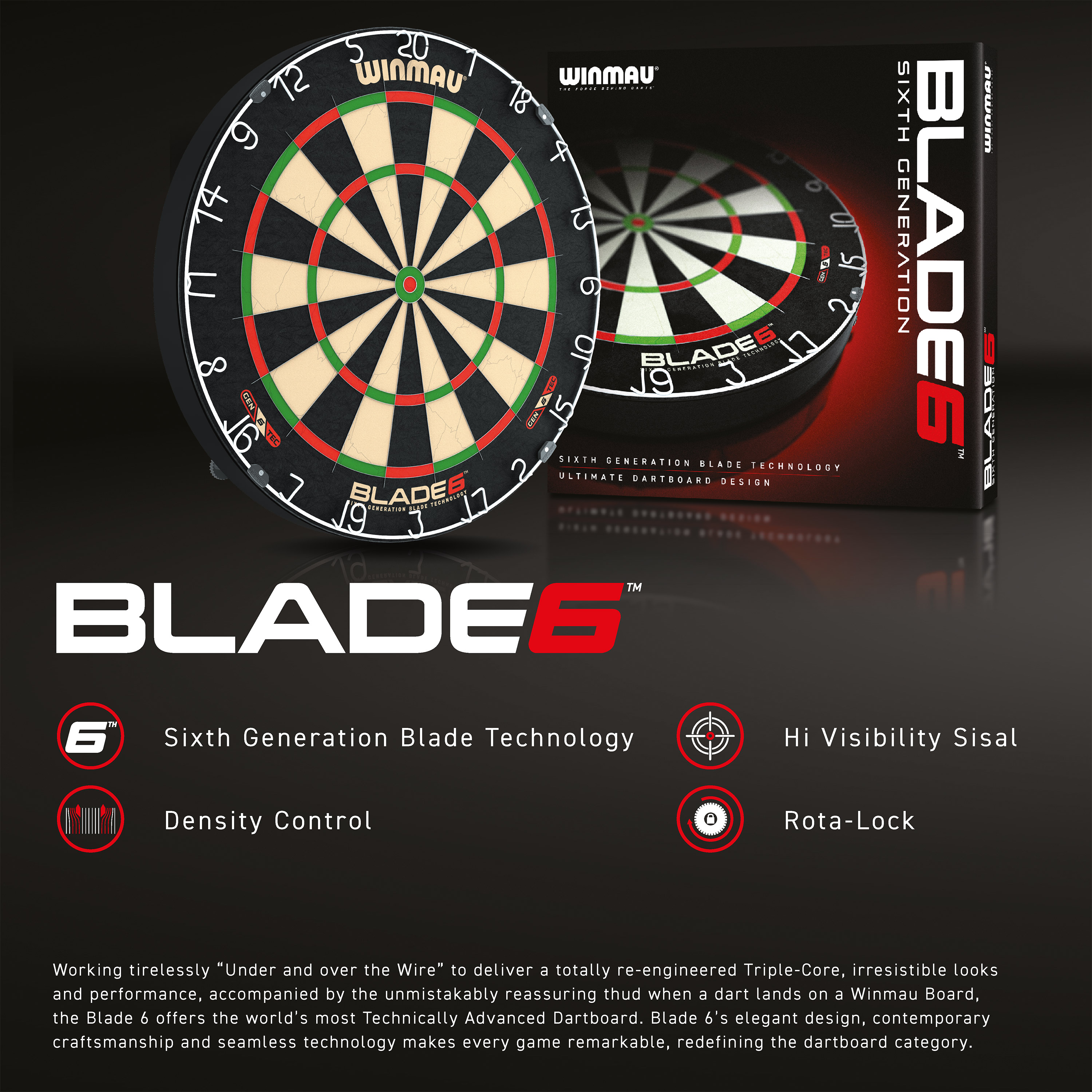 Dartboard Winmau Blade 6 inkl. Dart Case und Flights im Blade 6 Design