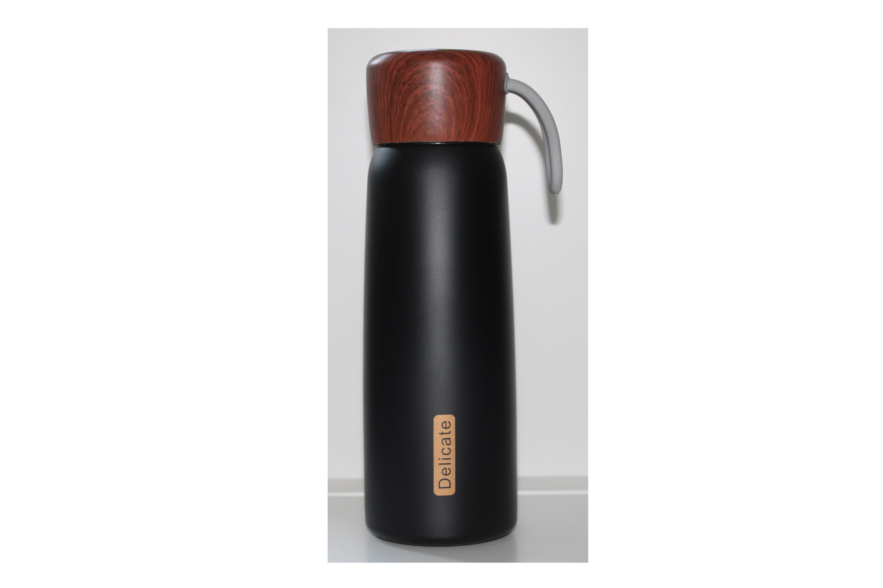 Trinkflasche 480ml aus rostfreiem Stahl mit Holzdeckel schwarz Trinkflasche 480ml aus rostfreiem Stahl mit Holzdeckel schwarz