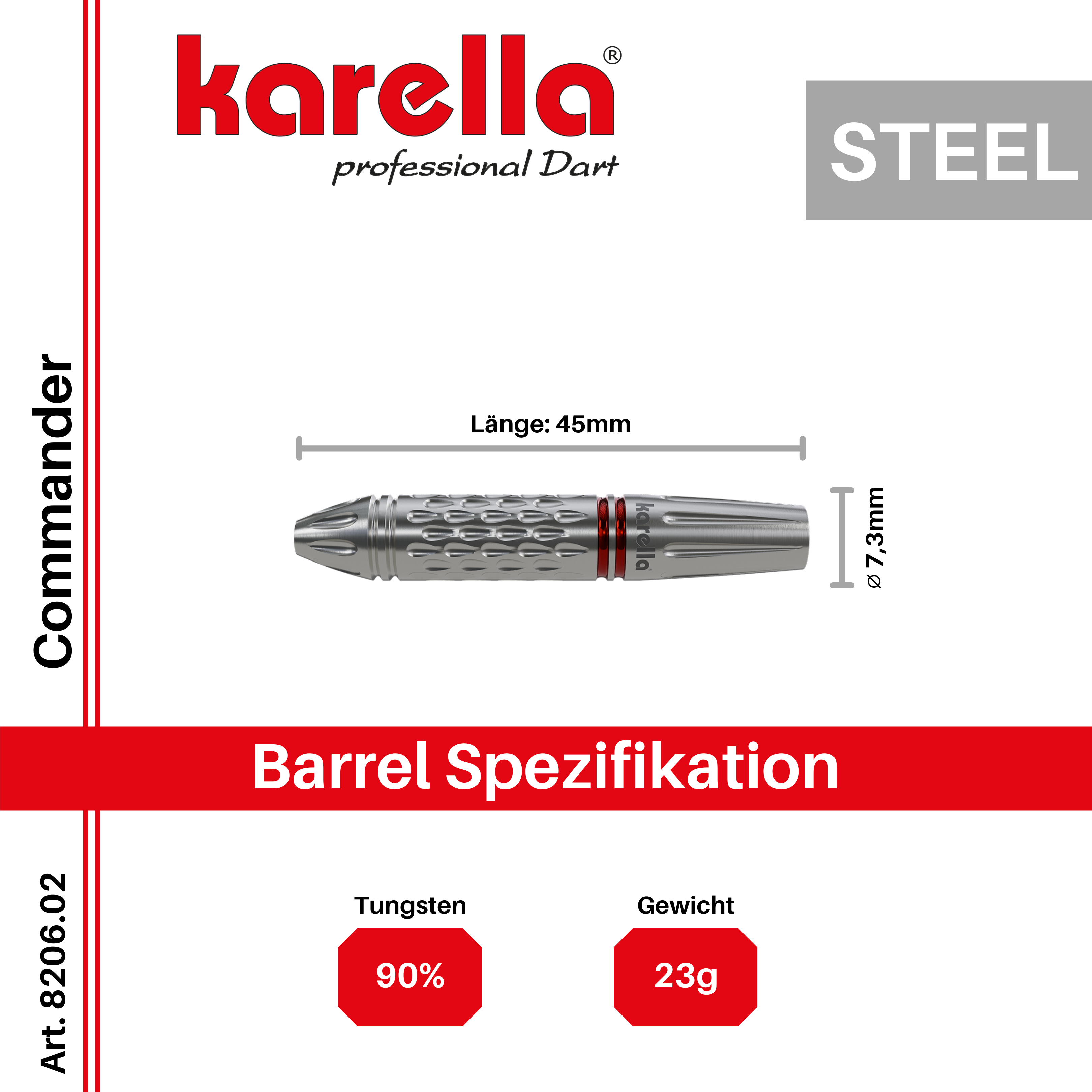 Steeldart Karella Commander, silber, 90% Tungsten, 23g Dartpfeile