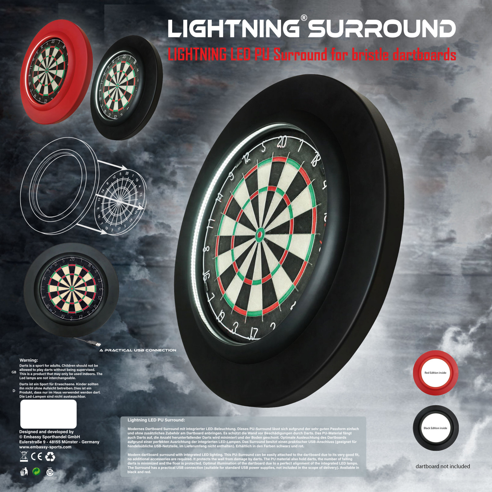 Lightning LED PU Dartboard Surround Dartscheiben-Umrandung schwarz