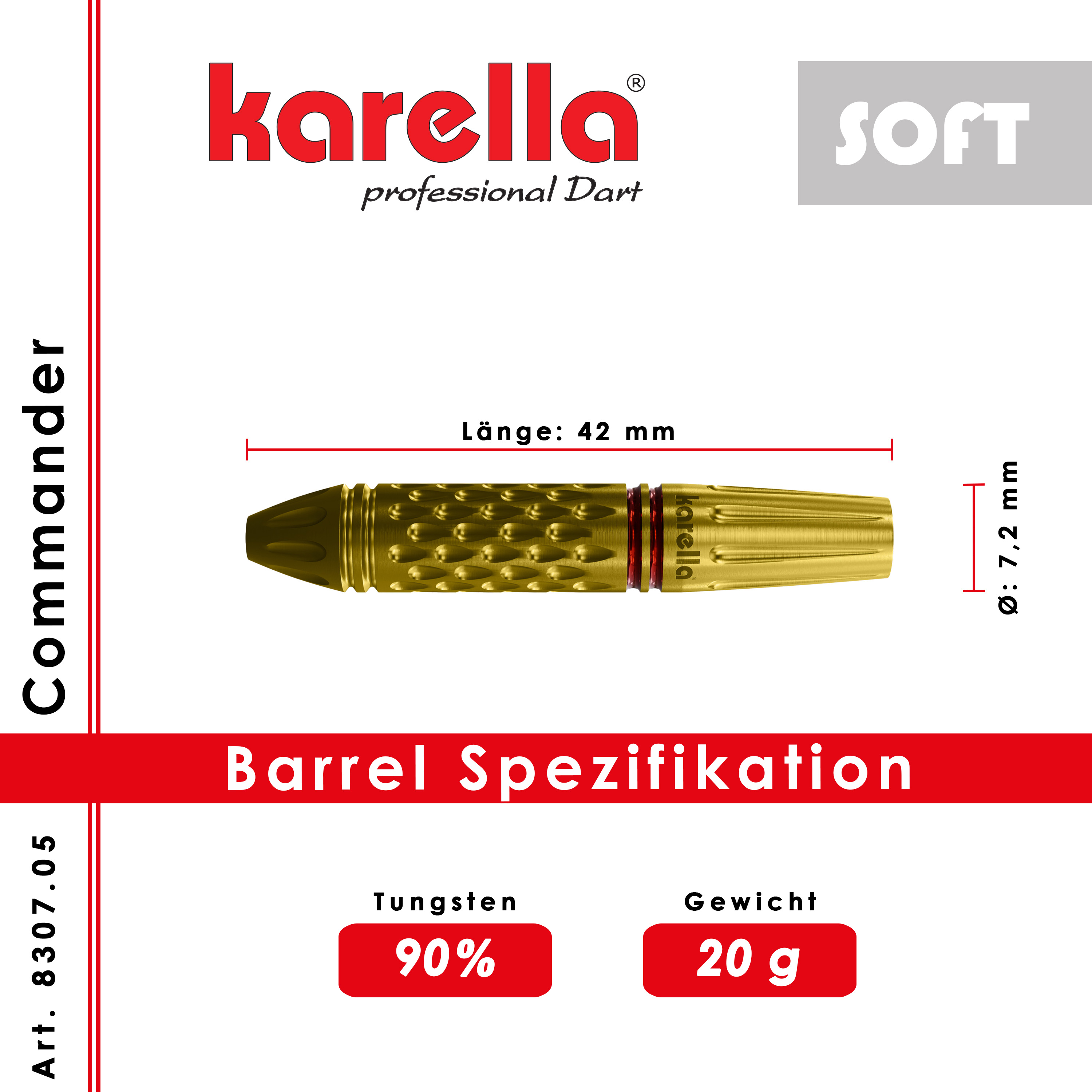 Softdart Karella Commander, gold, 90% Tungsten, 20g Dartpfeile