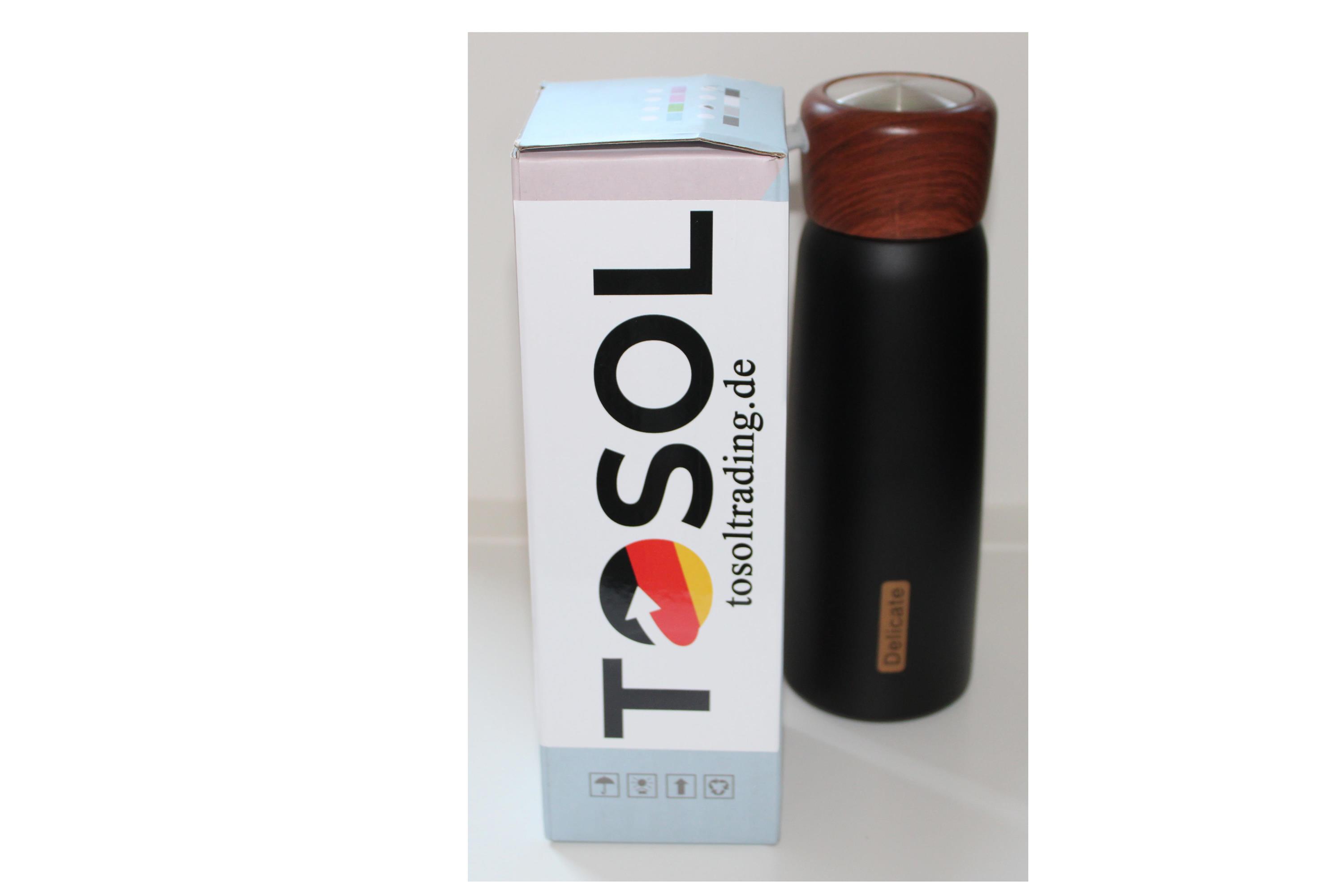 Trinkflasche 480ml aus rostfreiem Stahl mit Holzdeckel schwarz